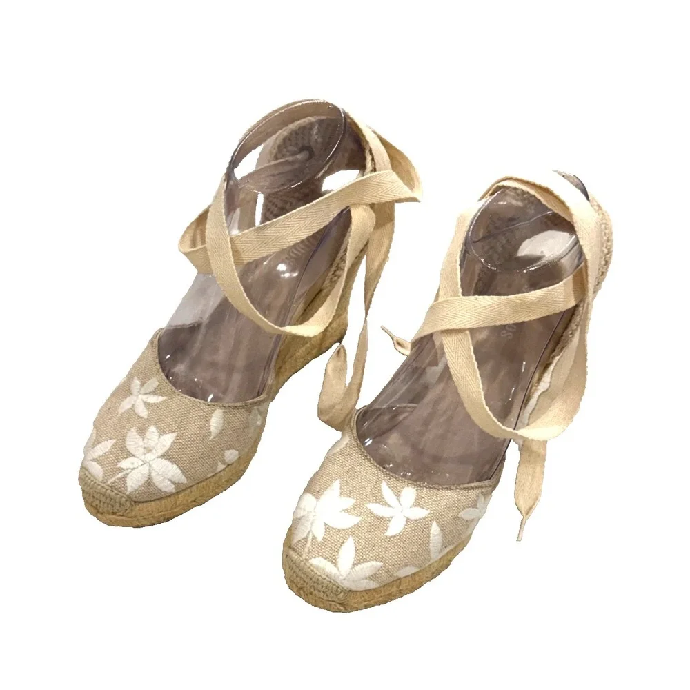 Soludos Floral Embroidered Espadrille Wedge Shoes Lace Up Ankle Tie Beige Size 7
